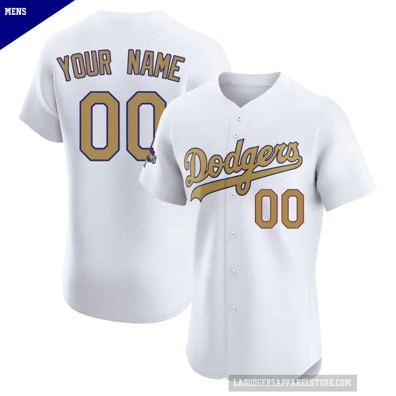 Men's No.00 Custom Los Angeles Dodgers Gold Elite White 2025 Collection Jersey