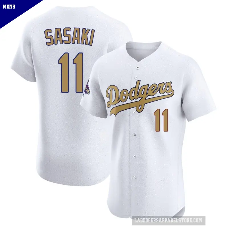 Men's No.11 Roki Sasaki Los Angeles Dodgers Gold Elite White 2025 Collection Jersey