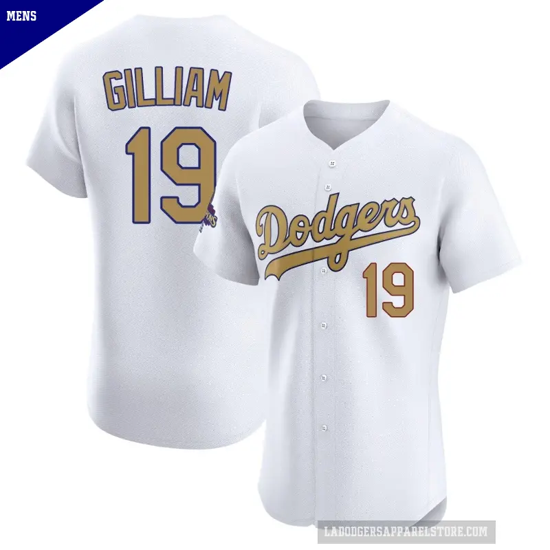 Men's No.19 Jim Gilliam Los Angeles Dodgers Gold Elite White 2025 Collection Jersey