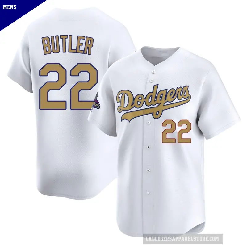 Men's No.22 Brett Butler Los Angeles Dodgers Gold Limited White 2025 Collection Jersey