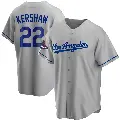 Men's No.22 Clayton Kershaw Los Angeles Dodgers Gray Replica Road 2024 World Series Champions Jersey