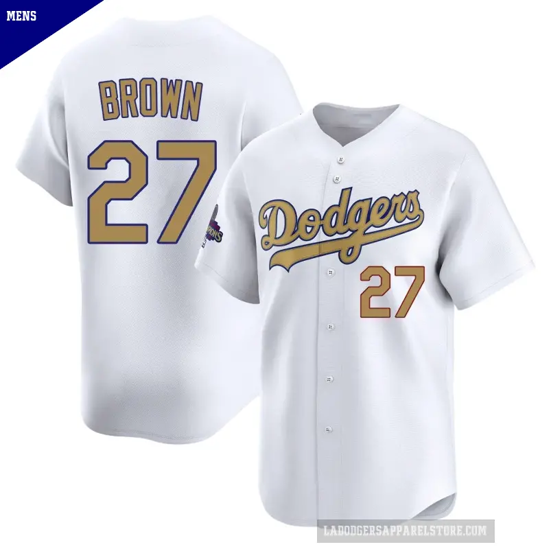 Men's No.27 Kevin Brown Los Angeles Dodgers Gold Limited White 2025 Collection Jersey