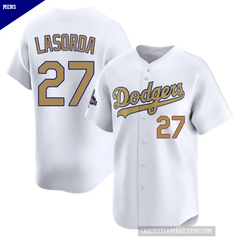 Men's No.27 Tommy Lasorda Los Angeles Dodgers Gold Limited White 2025 Collection Jersey