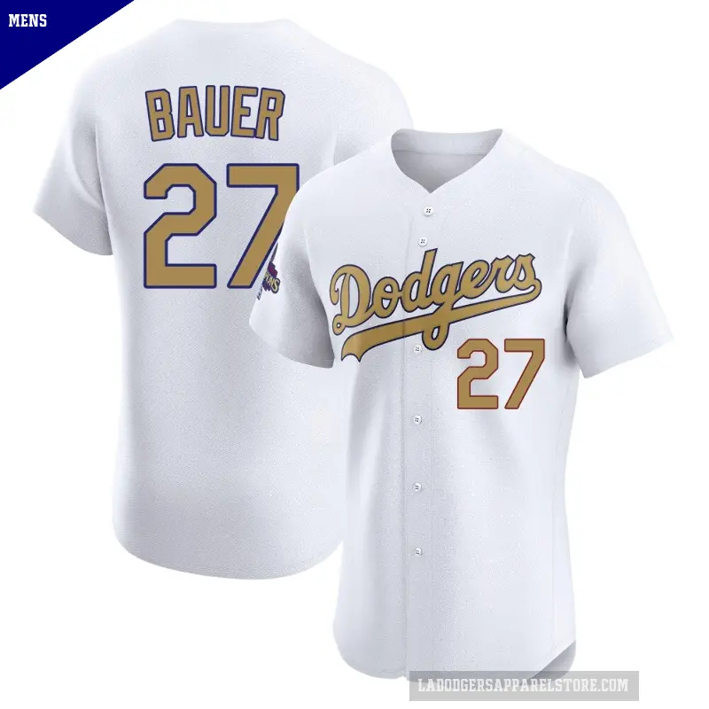 Men's No.27 Trevor Bauer Los Angeles Dodgers Gold Elite White 2025 Collection Jersey