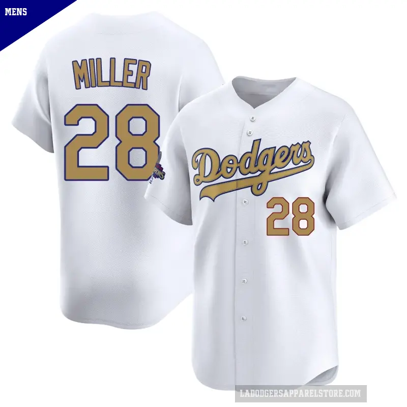 Men's No.28 Bobby Miller Los Angeles Dodgers Gold Limited White 2025 Collection Jersey