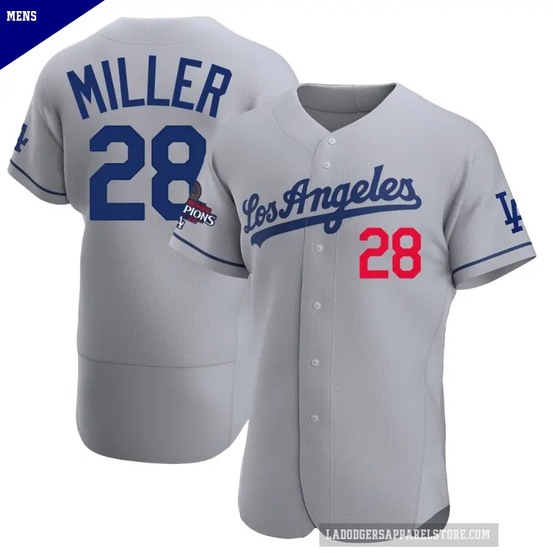 Men's No.28 Bobby Miller Los Angeles Dodgers Gray Authentic Away Official 2024 World Series Champions Jersey