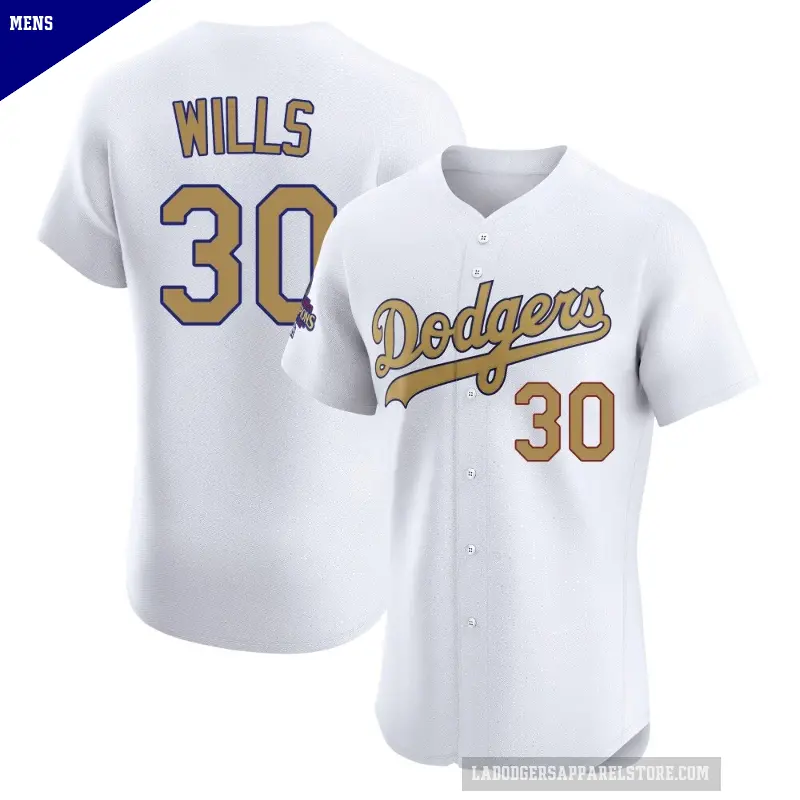 Men's No.30 Maury Wills Los Angeles Dodgers Gold Elite White 2025 Collection Jersey