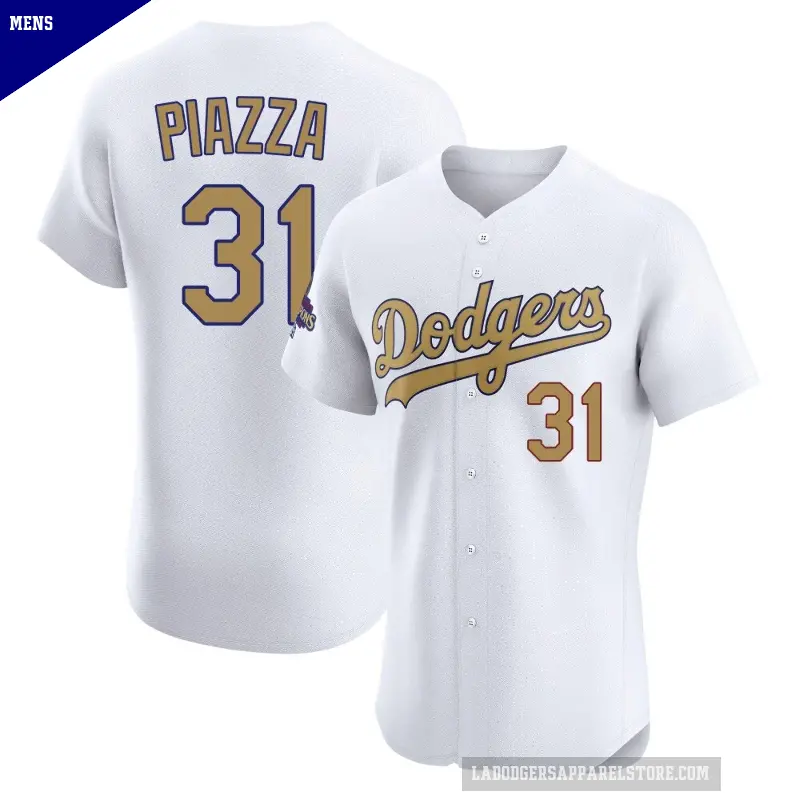 Men's No.31 Mike Piazza Los Angeles Dodgers Gold Elite White 2025 Collection Jersey