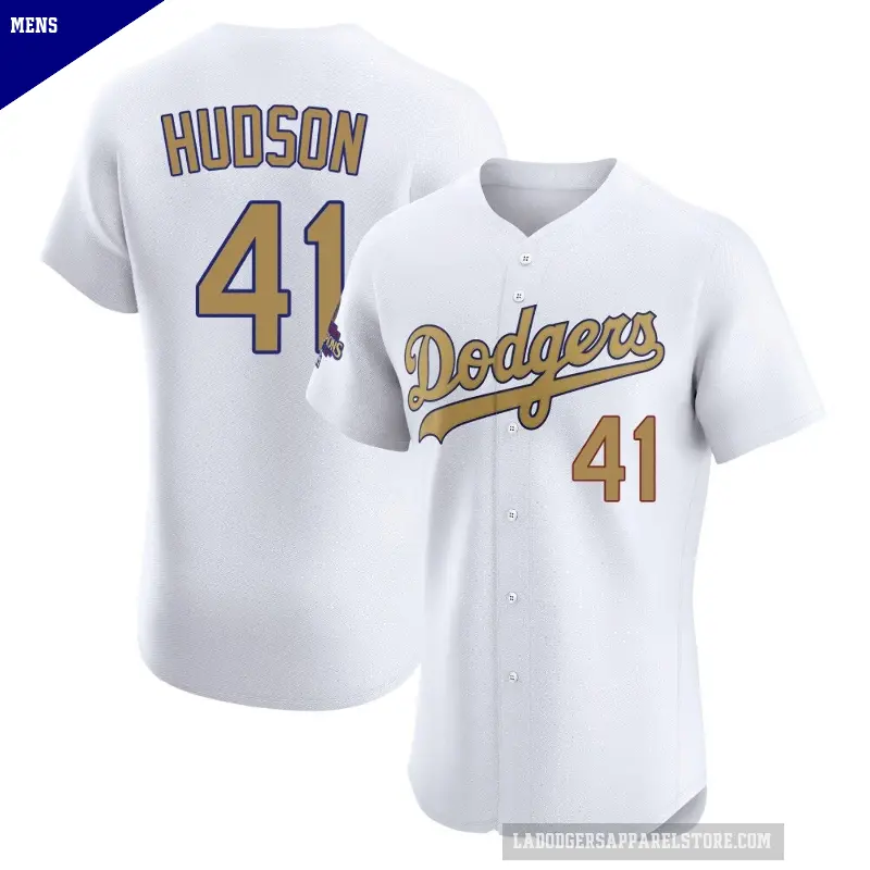 Men's No.41 Daniel Hudson Los Angeles Dodgers Gold Elite White 2025 Collection Jersey