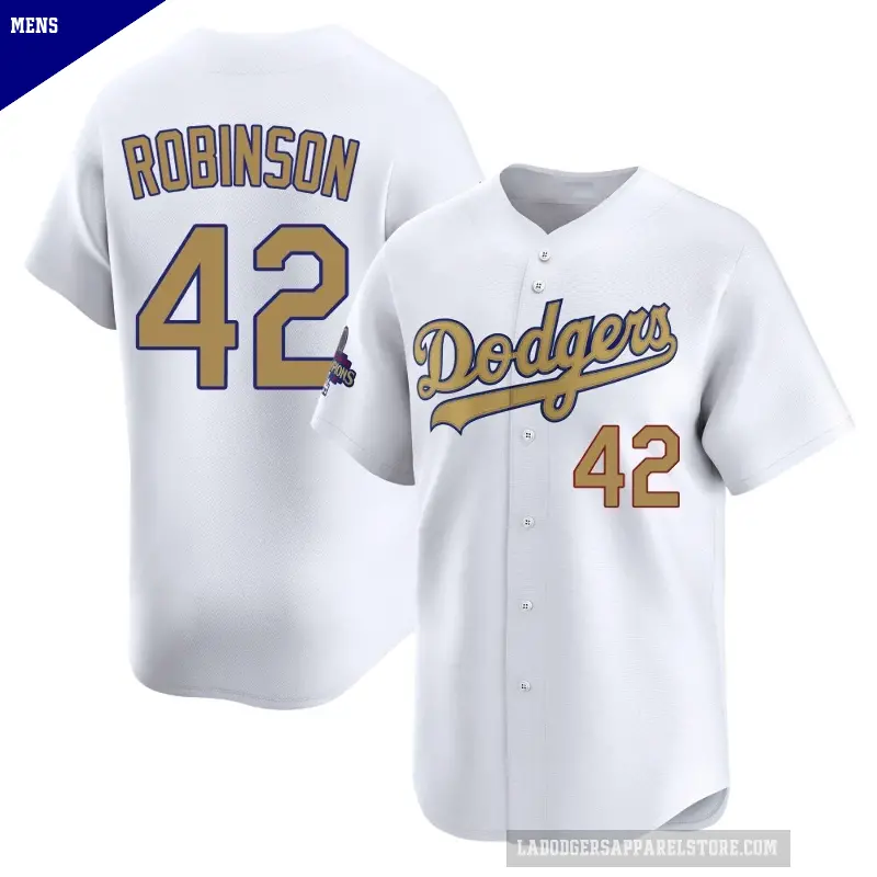 Men's No.42 Jackie Robinson Los Angeles Dodgers Gold Limited White 2025 Collection Jersey