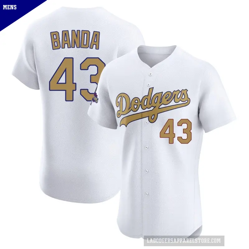 Men's No.43 Anthony Banda Los Angeles Dodgers Gold Elite White 2025 Collection Jersey