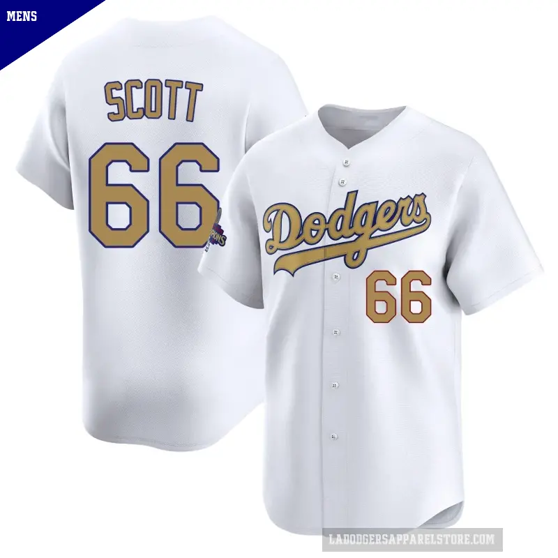 Men's No.66 Tanner Scott Los Angeles Dodgers Gold Limited White 2025 Collection Jersey
