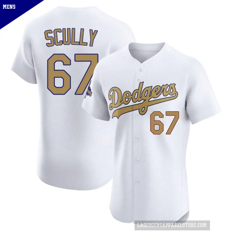 Men's No.67 Vin Scully Los Angeles Dodgers Gold Elite White 2025 Collection Jersey