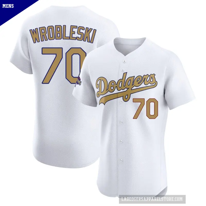 Men's No.70 Justin Wrobleski Los Angeles Dodgers Gold Elite White 2025 Collection Jersey