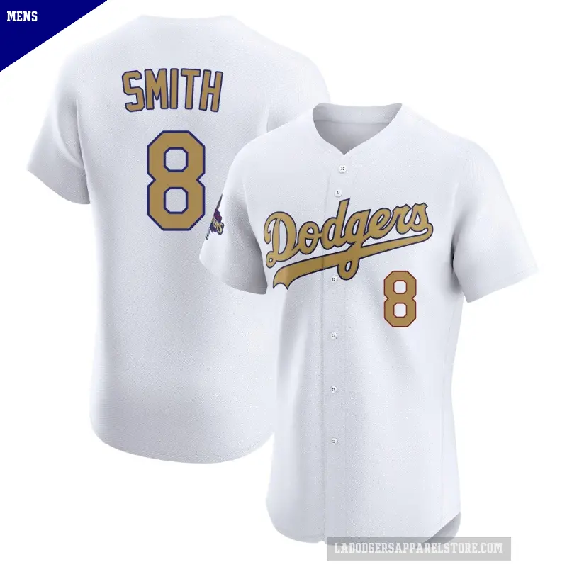 Men's No.8 Reggie Smith Los Angeles Dodgers Gold Elite White 2025 Collection Jersey