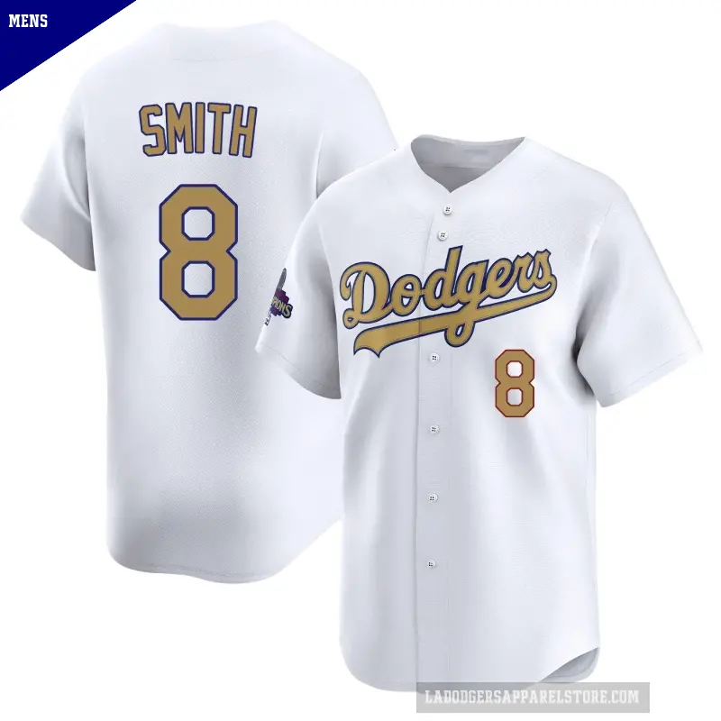 Men's No.8 Reggie Smith Los Angeles Dodgers Gold Limited White 2025 Collection Jersey