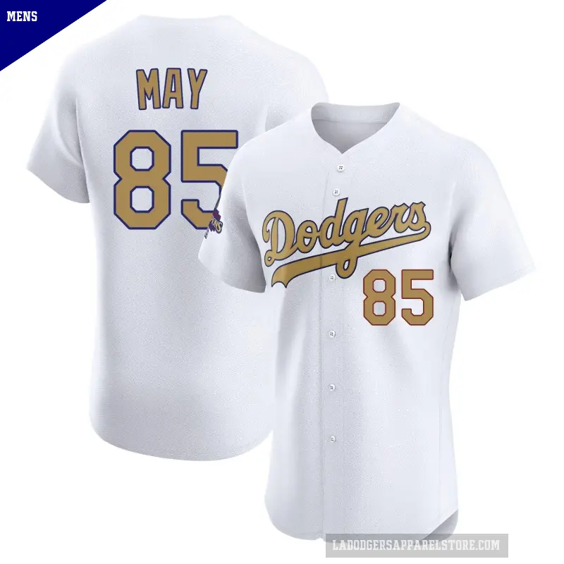Men's No.85 Dustin May Los Angeles Dodgers Gold Elite White 2025 Collection Jersey