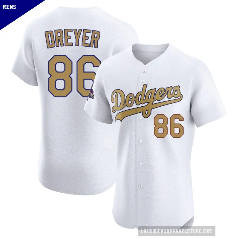 Men's No.86 Jack Dreyer Los Angeles Dodgers Gold Elite White 2025 Collection Jersey