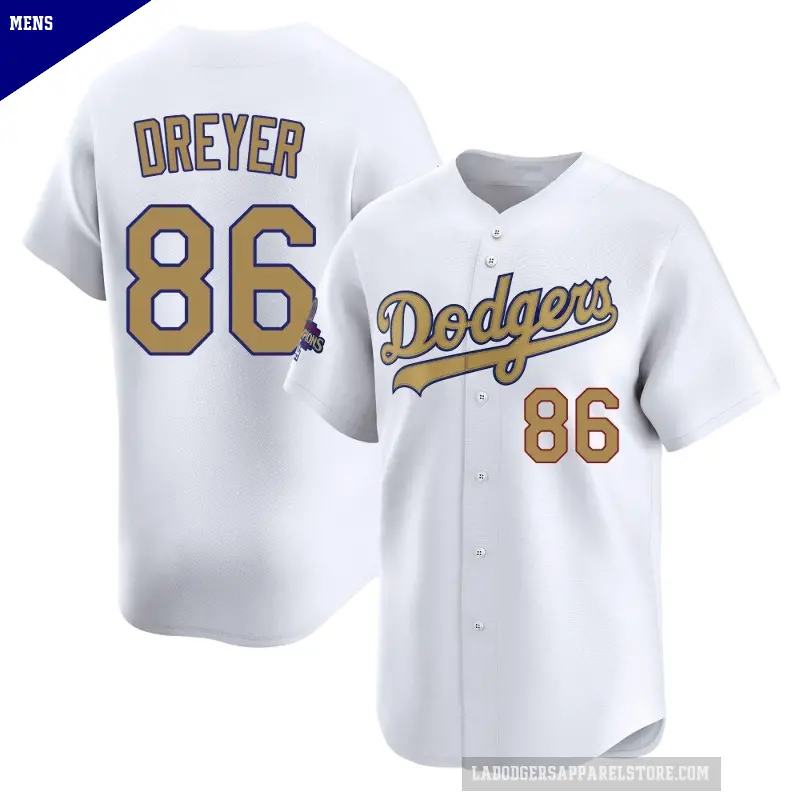 Men's No.86 Jack Dreyer Los Angeles Dodgers Gold Limited White 2025 Collection Jersey