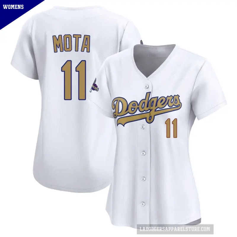 Women's No.11 Manny Mota Los Angeles Dodgers Gold Limited White 2025 Collection Jersey