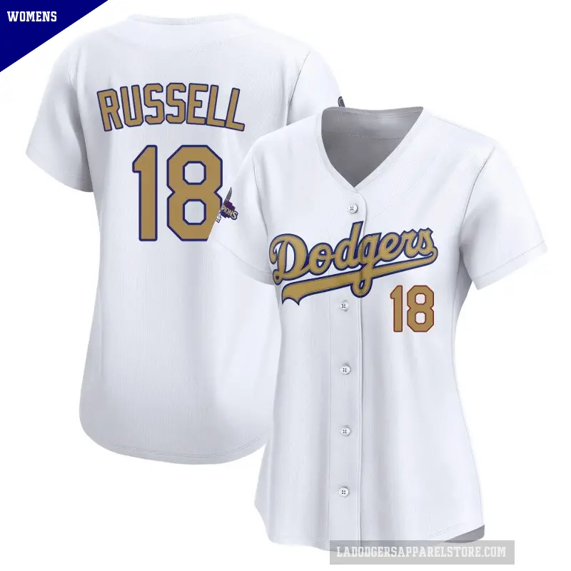 Women's No.18 Bill Russell Los Angeles Dodgers Gold Limited White 2025 Collection Jersey