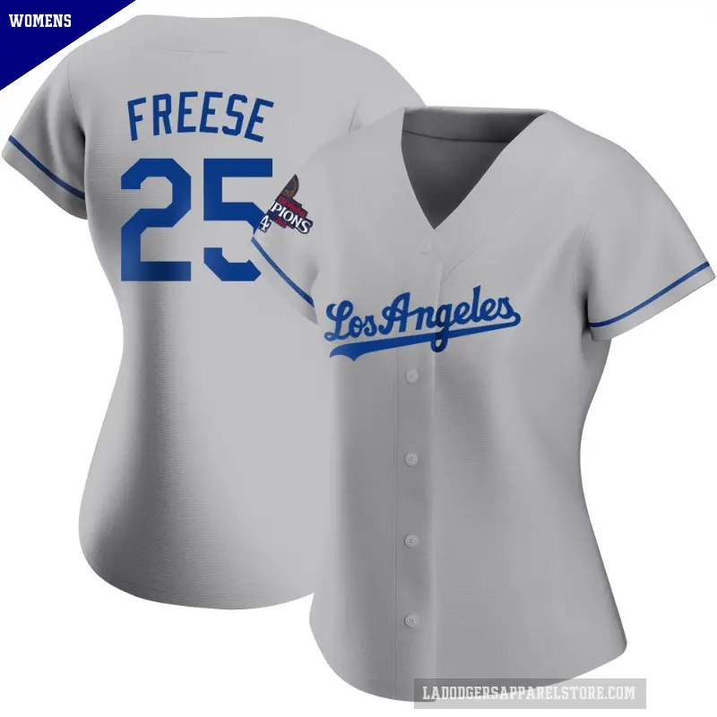 Women's No.25 David Freese Los Angeles Dodgers Gray Authentic Road 2024 World Series Champions Jersey