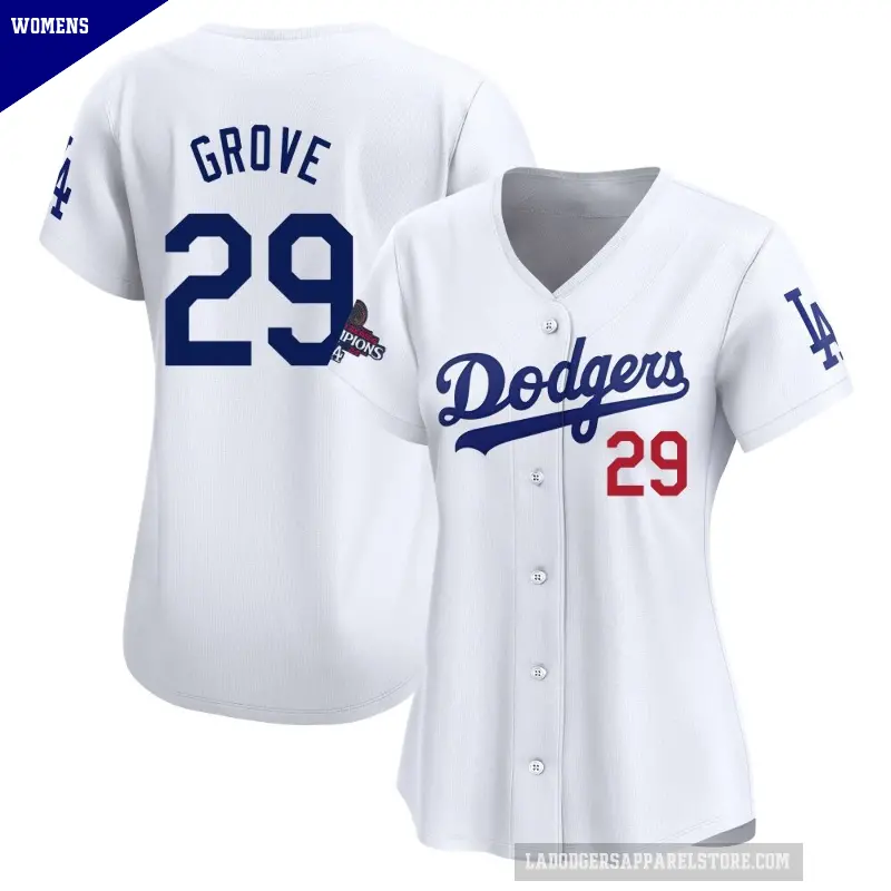 Women's No.29 Michael Grove Los Angeles Dodgers White Limited Home 2024 World Series Champions Jersey