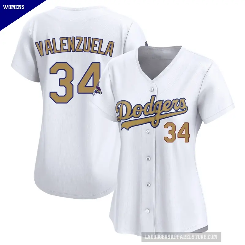 Women's No.34 Fernando Valenzuela Los Angeles Dodgers Gold Limited White 2025 Collection Jersey