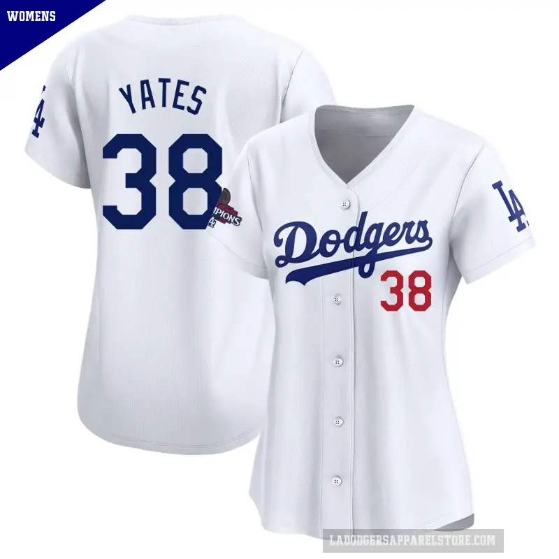 Women's No.38 Kirby Yates Los Angeles Dodgers White Limited Home 2024 World Series Champions Jersey