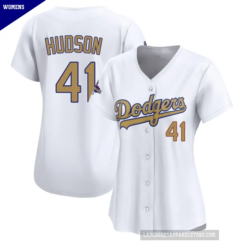 Women's No.41 Daniel Hudson Los Angeles Dodgers Gold Limited White 2025 Collection Jersey