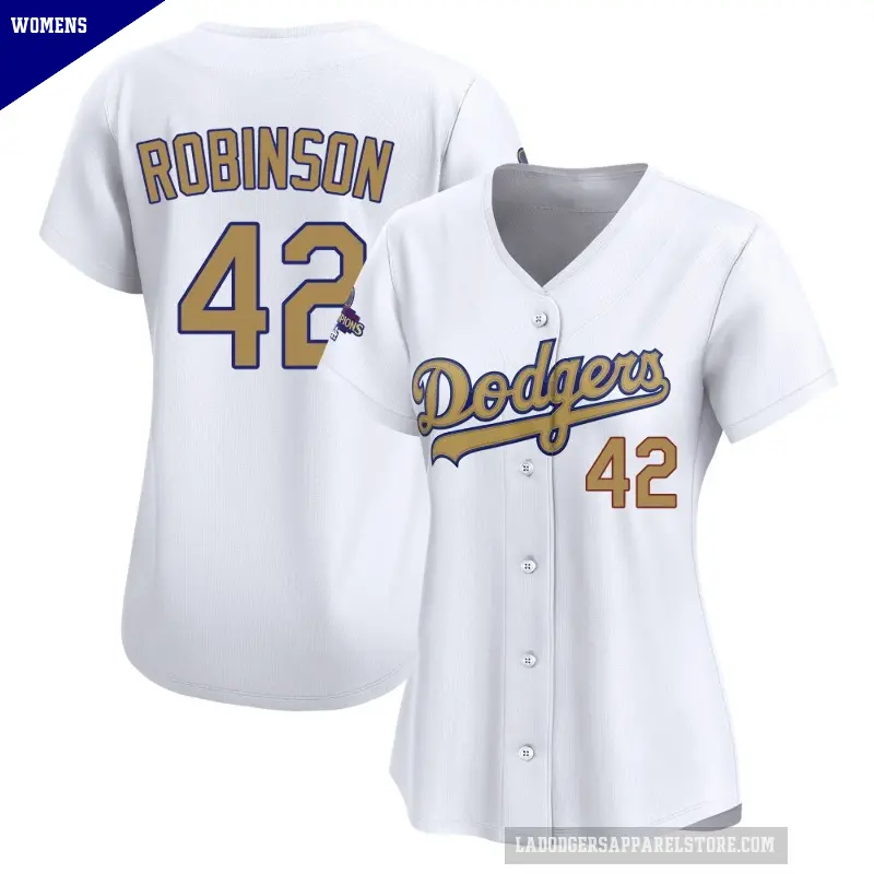 Women's No.42 Jackie Robinson Los Angeles Dodgers Gold Limited White 2025 Collection Jersey