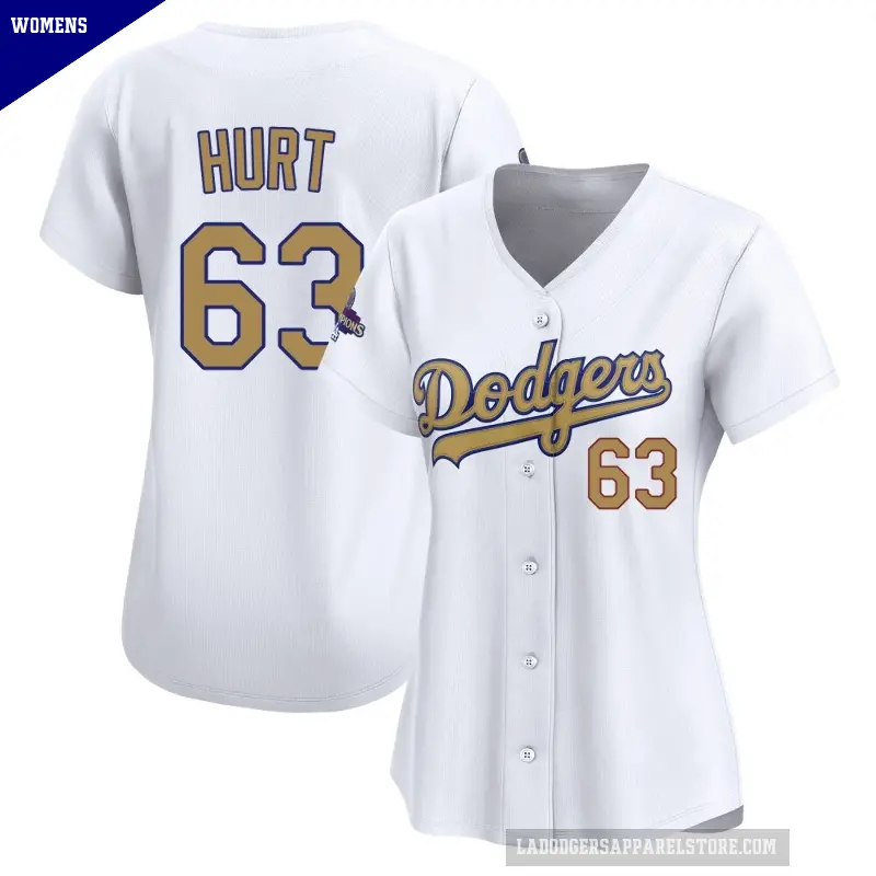 Women's No.63 Kyle Hurt Los Angeles Dodgers Gold Limited White 2025 Collection Jersey