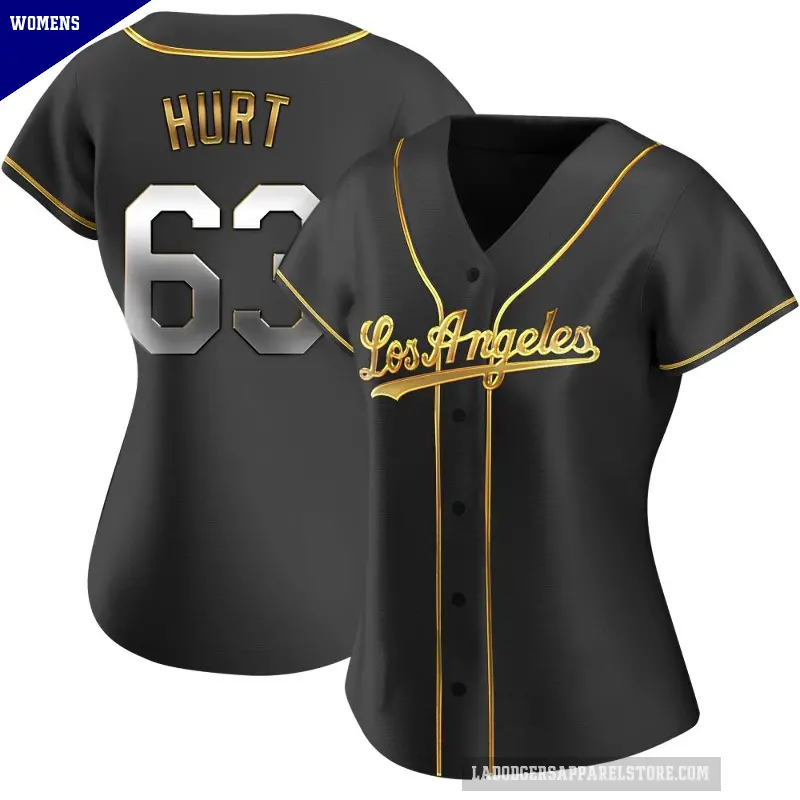 Women's No.63 Kyle Hurt Los Angeles Dodgers Gold Replica Black en Alternate Jersey
