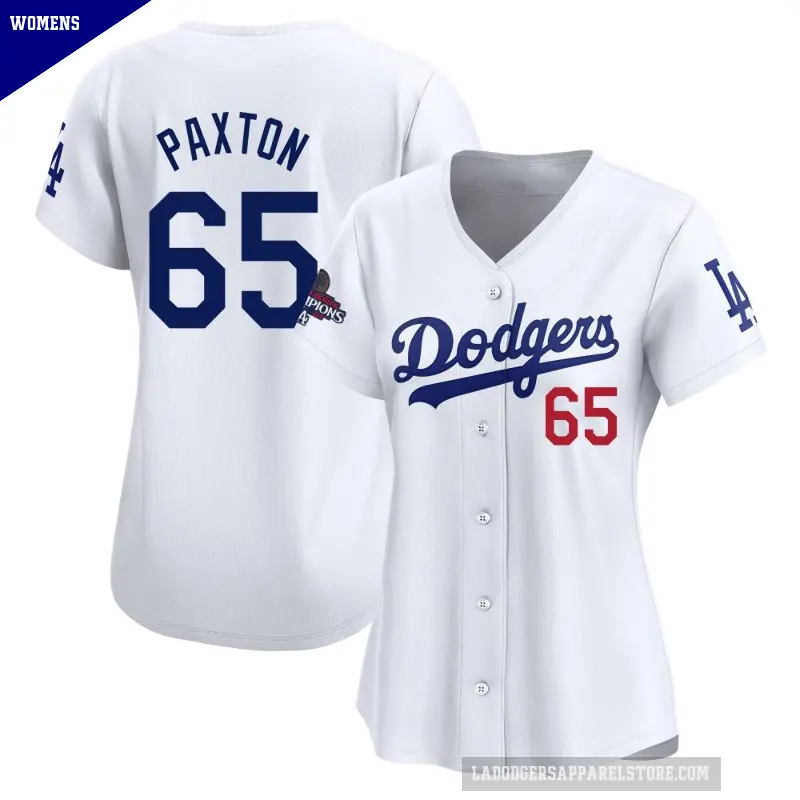 Women's No.65 James Paxton Los Angeles Dodgers White Limited Home 2024 World Series Champions Jersey