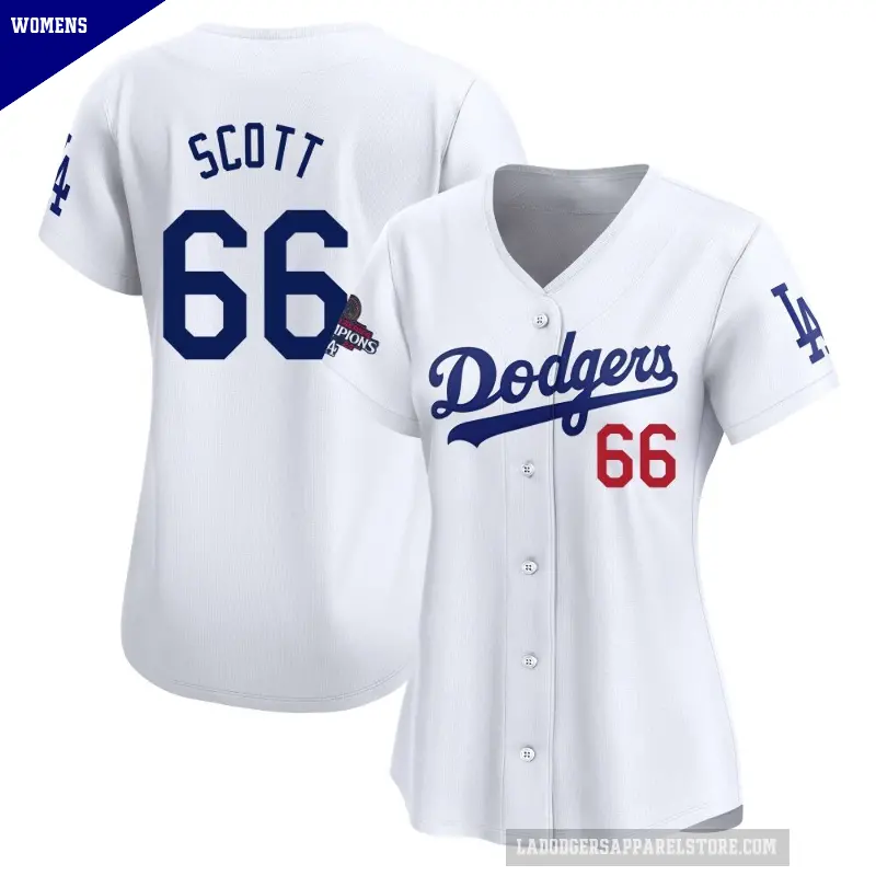 Women's No.66 Tanner Scott Los Angeles Dodgers White Limited Home 2024 World Series Champions Jersey