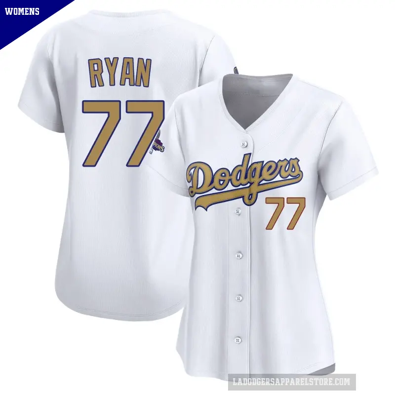 Women's No.77 River Ryan Los Angeles Dodgers Gold Limited White 2025 Collection Jersey