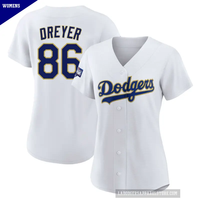 Women's No.86 Jack Dreyer Los Angeles Dodgers White/Gold Authentic 2021 Gold Program Player Jersey