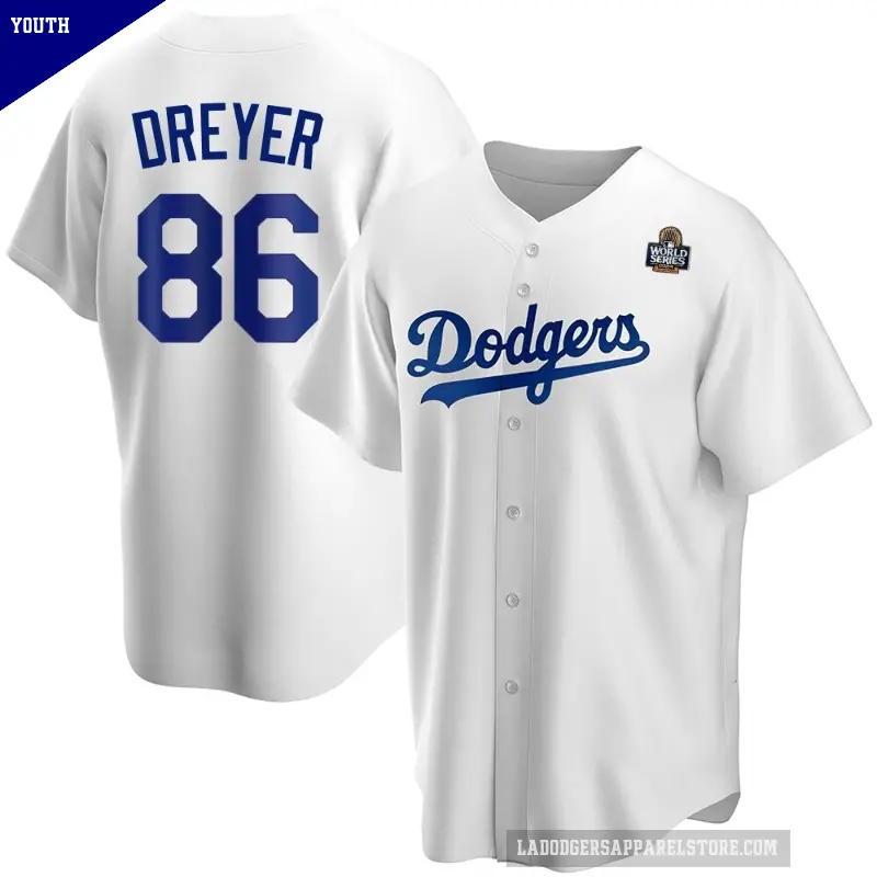 Youth No.86 Jack Dreyer Los Angeles Dodgers White Replica Home 2024 World Series Jersey
