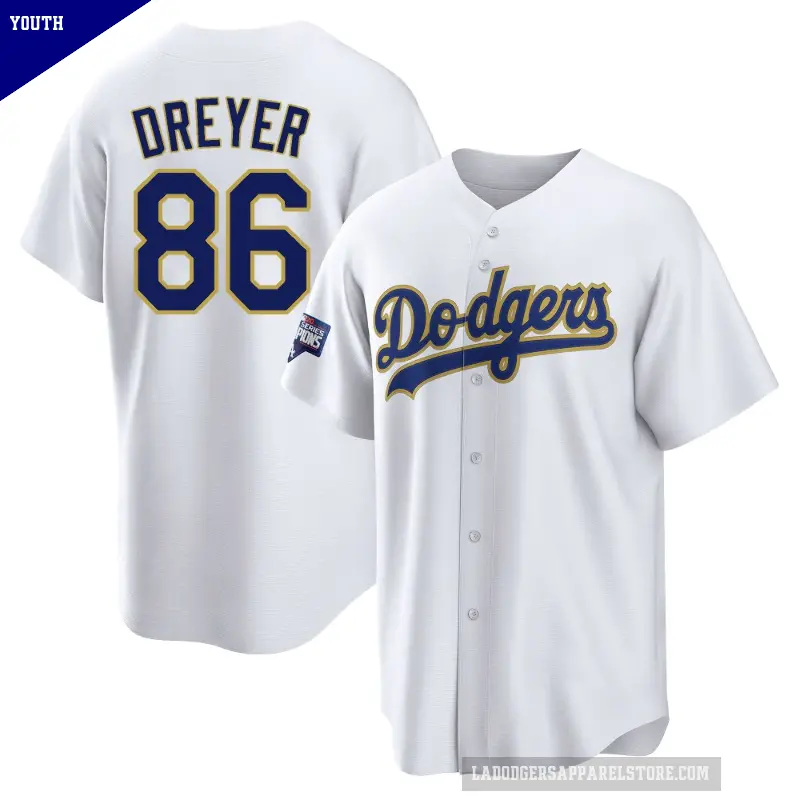 Youth No.86 Jack Dreyer Los Angeles Dodgers White/Gold Replica 2021 Gold Program Player Jersey